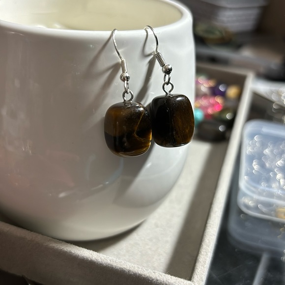 Genuine Tigers Eye Gem Stone Earrings with Sterling Silver Dangle Posts - Picture 5 of 5